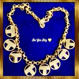 Tory Burch Authentic Shiny Gold Unique T Round Charms Logo Necklace